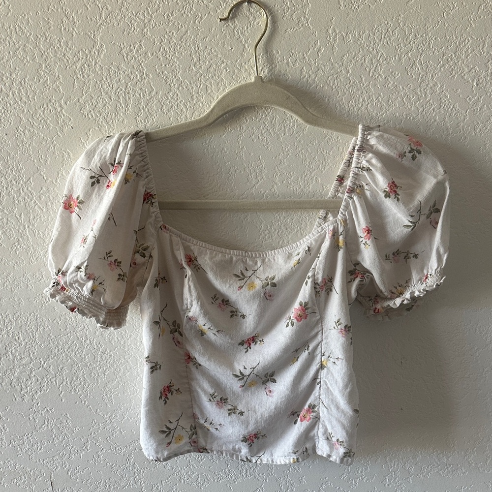 Abercrombie & Fitch Floral Puff Sleeve Blouse - White and Pink